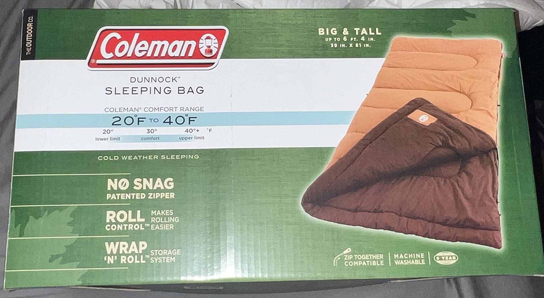 Coleman Dunnock 20°F Big ‘n Tall Sleeping Bag, Cold-Weather Sleeping Bag Fits Adults up to 6ft 4in, Machine Washable, Flannel Liner customer photo 1
