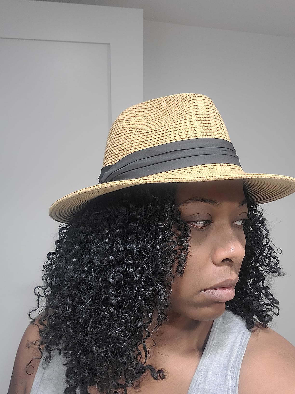 Lanzom Women Wide Brim Straw Panama Roll up Hat Fedora Beach Sun Hat UPF50+ customer photo 2