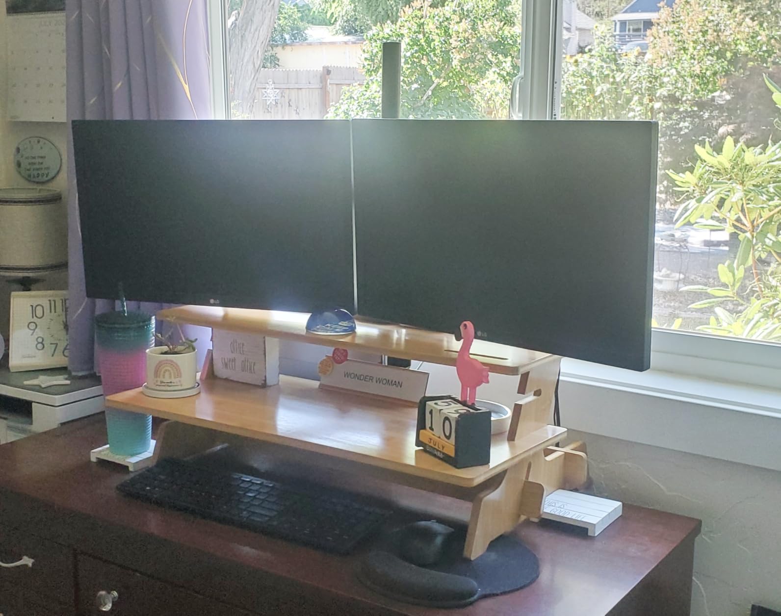 HUANUO Dual Monitor Mount for 2 Monitors up to 32 inches, Heavy Duty Dual Monitor Stand Holds up to17.6lbs, Dual Monitor Arm with Height Adjustable Tilt Swive Rotate, VESA Hole 75mm or 100mm customer photo 1