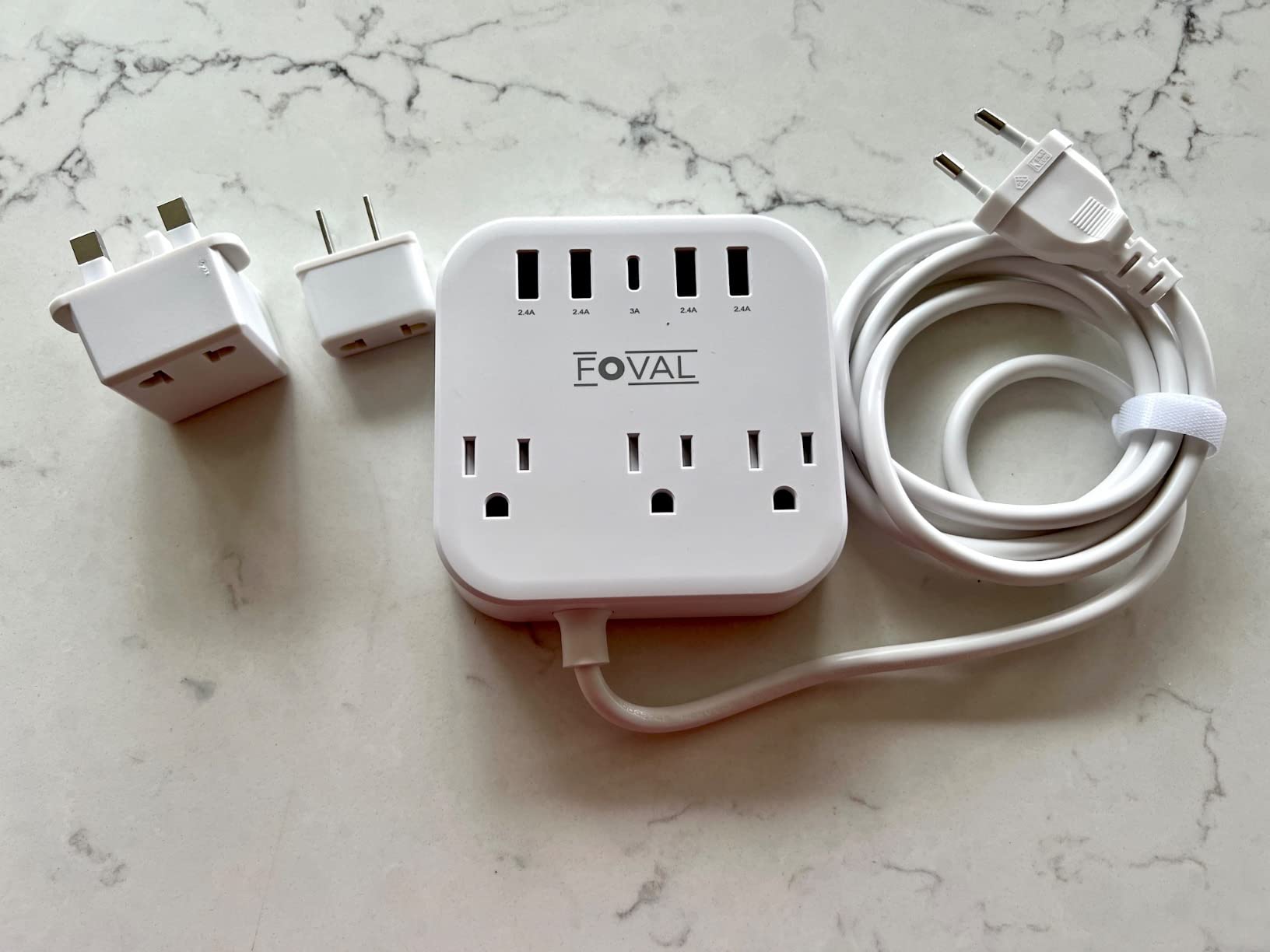 European Travel Plug Adapter, FOVAL EU UK US Power Strip with USB C and 4 USB Ports, 3 AC Outlets, Wall Mountable, 5ft Extension Cord, Compact for Travel, Cruise Ship, Home Office (White) customer photo 2