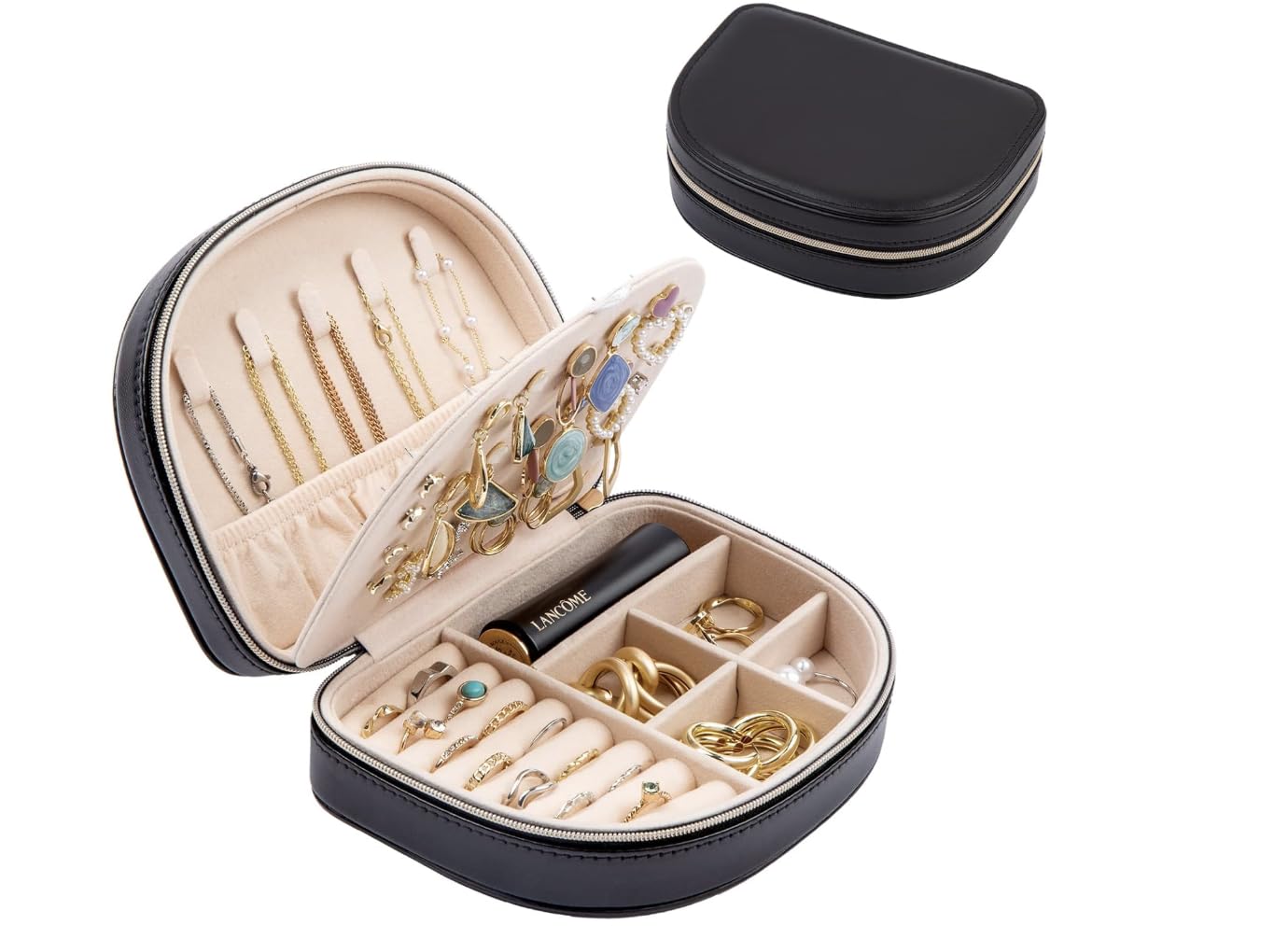 ProCase Travel Size Jewelry Box, Medium Portable Seashell-Shaped Jewelry Case, 2 Layer Jewelry Organizer in PU Leather for Women -Black customer photo 1