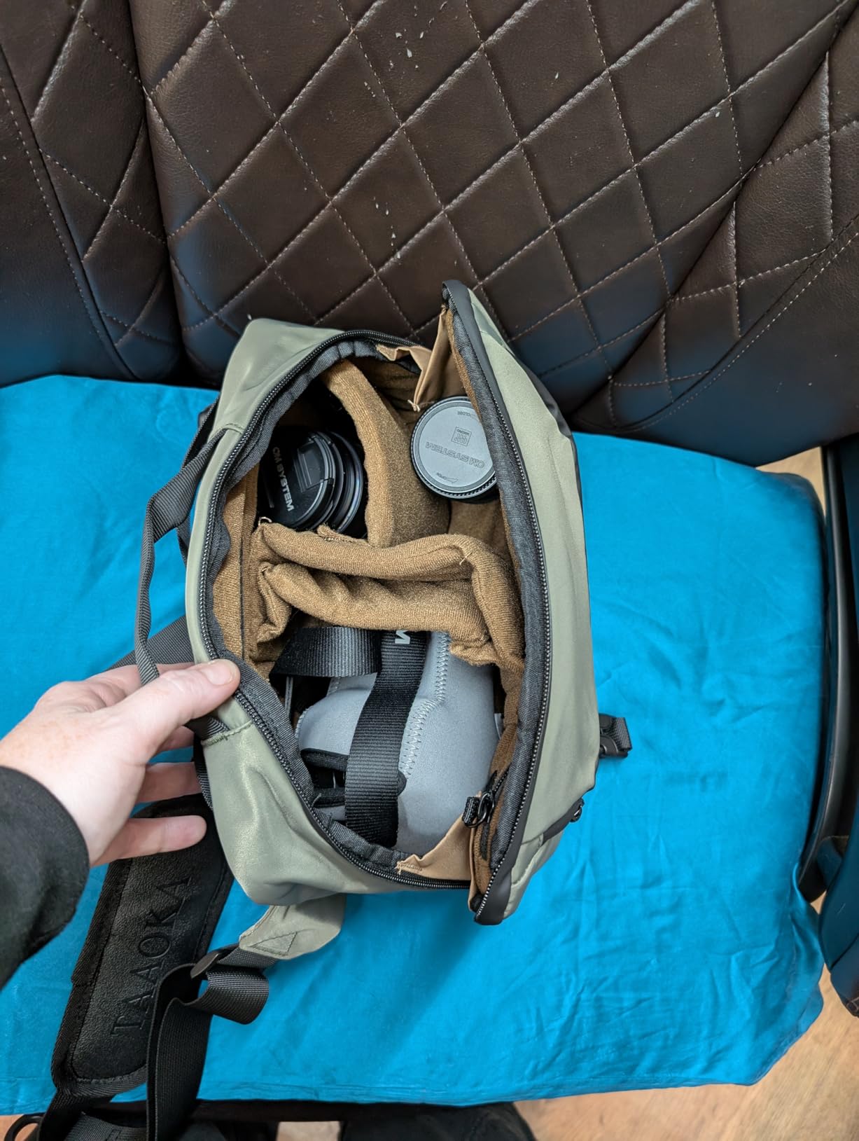 TAAOKA Camera Sling Bag,Travel Waterproof Camera Case with Tripod Holder,Lightweight DSLR/SLR/Mirrorless Small Camera Bags Crossbody for photographers (Dark Green) customer photo 2