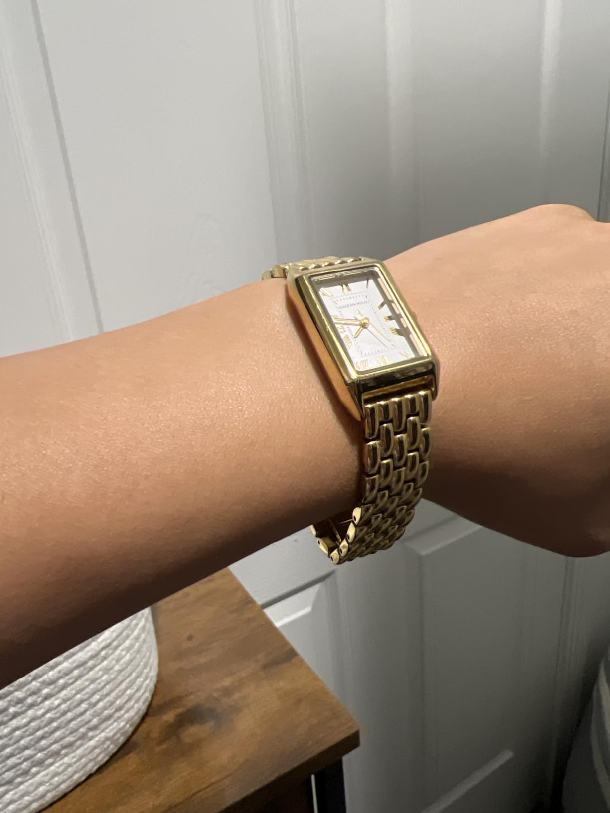 Gold Watches for Women with Vintage Rectangular Case,White Roman Dial,Stainless Steel Band,Adjustment Tool Included,Water Resistant customer photo 1