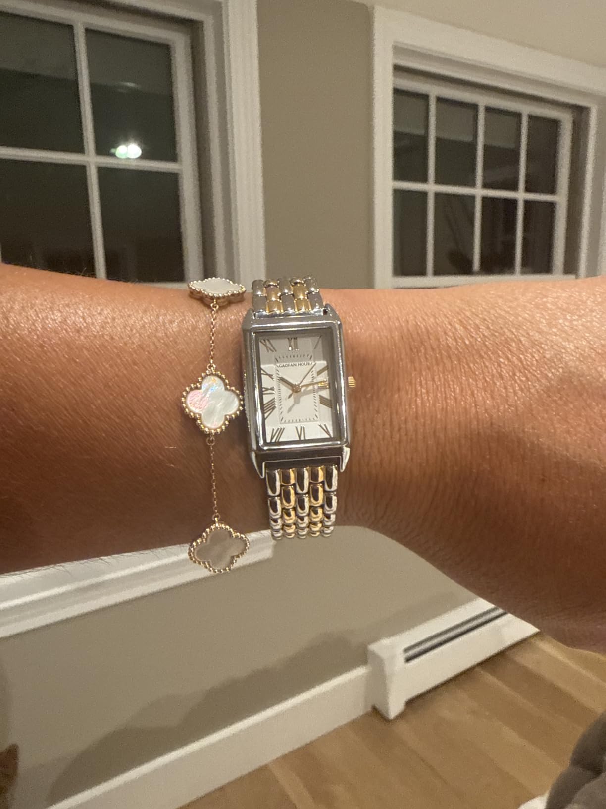 Gold Watches for Women with Vintage Rectangular Case,White Roman Dial,Stainless Steel Band,Adjustment Tool Included,Water Resistant customer photo 2