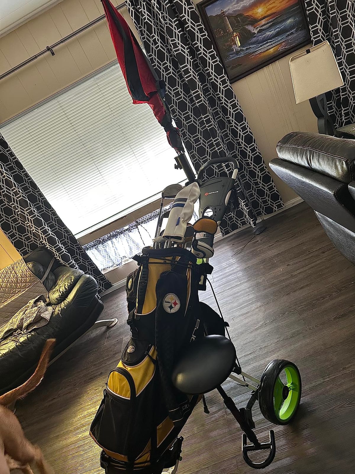 Tangkula Golf Push Pull Cart with Seat, Lightweight Foldable Collapsible 3 Wheels Push Cart, Golf Trolley with Foot Brake, Adjustable Umbrella Holder & Seat, 4 Height Position Handle customer photo 1