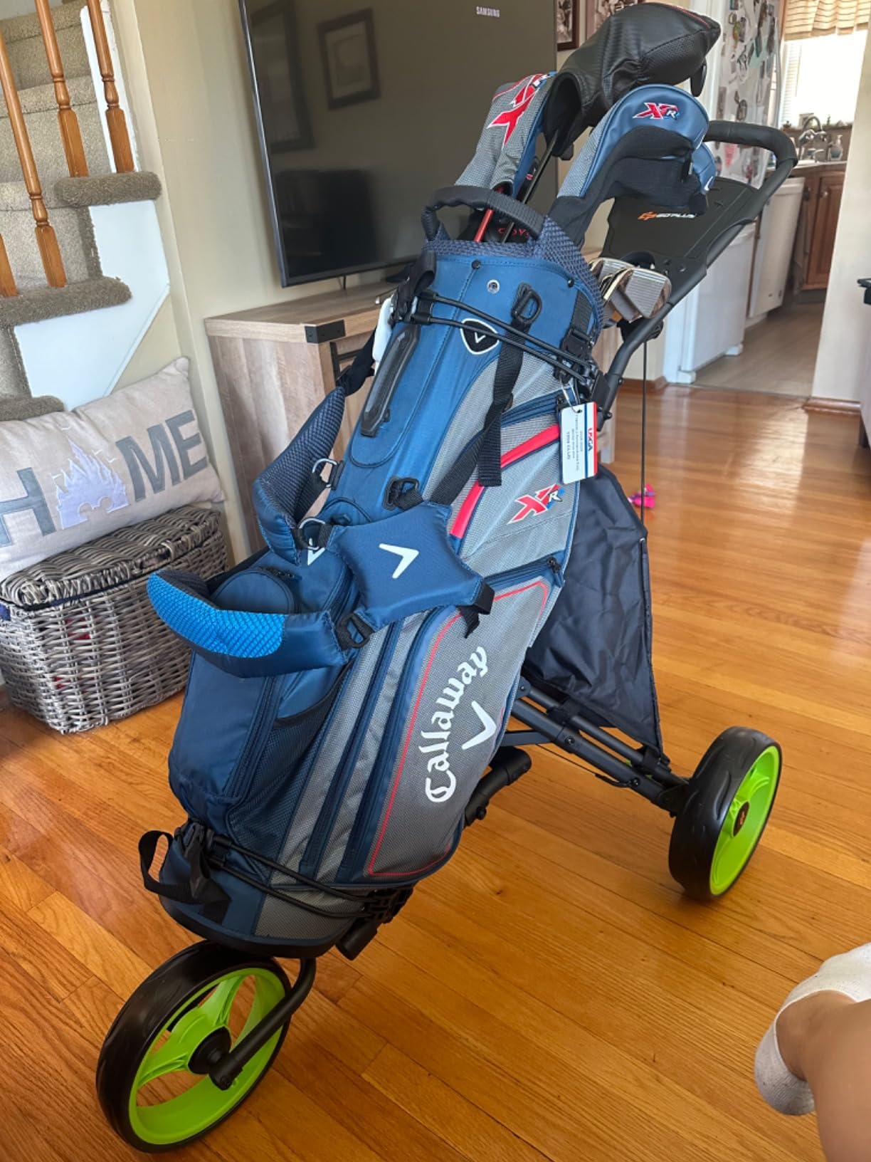 GYMAX Golf Push Cart, 3 Wheels Aluminum Folding Height Adjustable Golf Push Trolley with Umbrella Holder & Waterproof Bag, Portable Lightweight Quick Open Fold Golf Cart (Gray) customer photo 1